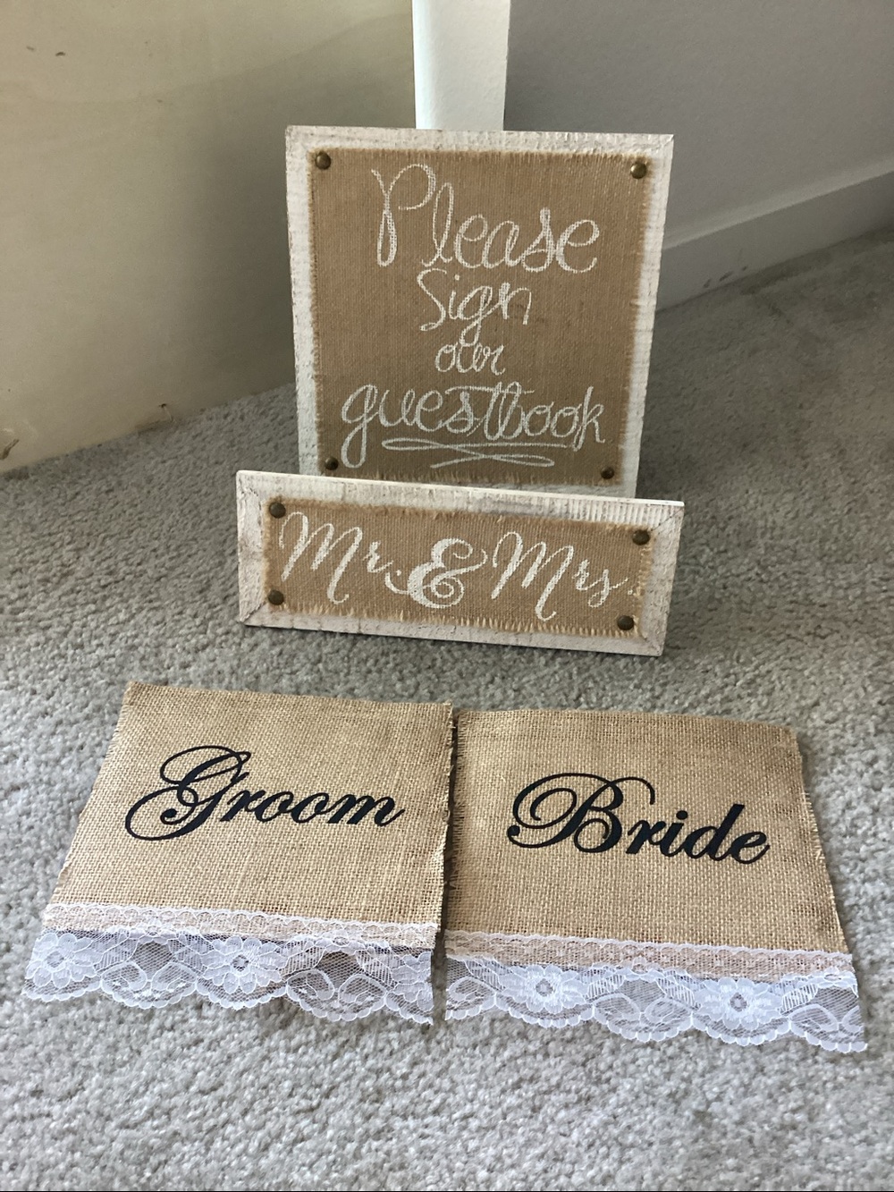 Rustic Burlap Bride & Groom Wedding Sign Set & Chair Signs